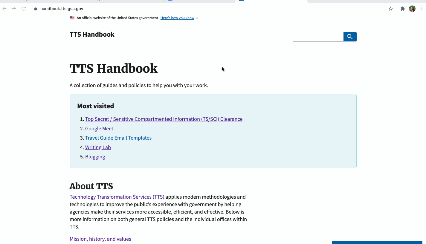 Animated GIF of the TTS Handbook homepage and the TTS mission, history, and values