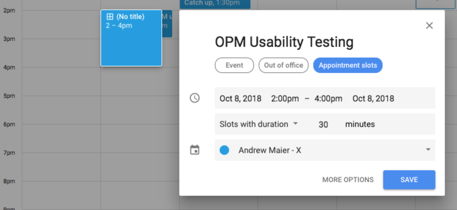 Screenshot of an appointment slot in Google calendar