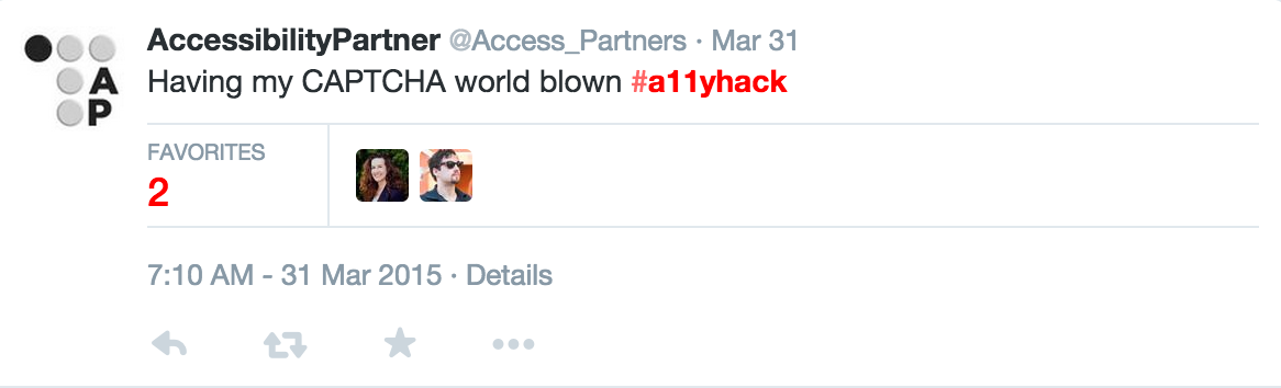 A tweet from Accessibility Partner: “Having my CAPTCHA mind blown #a11yhack”