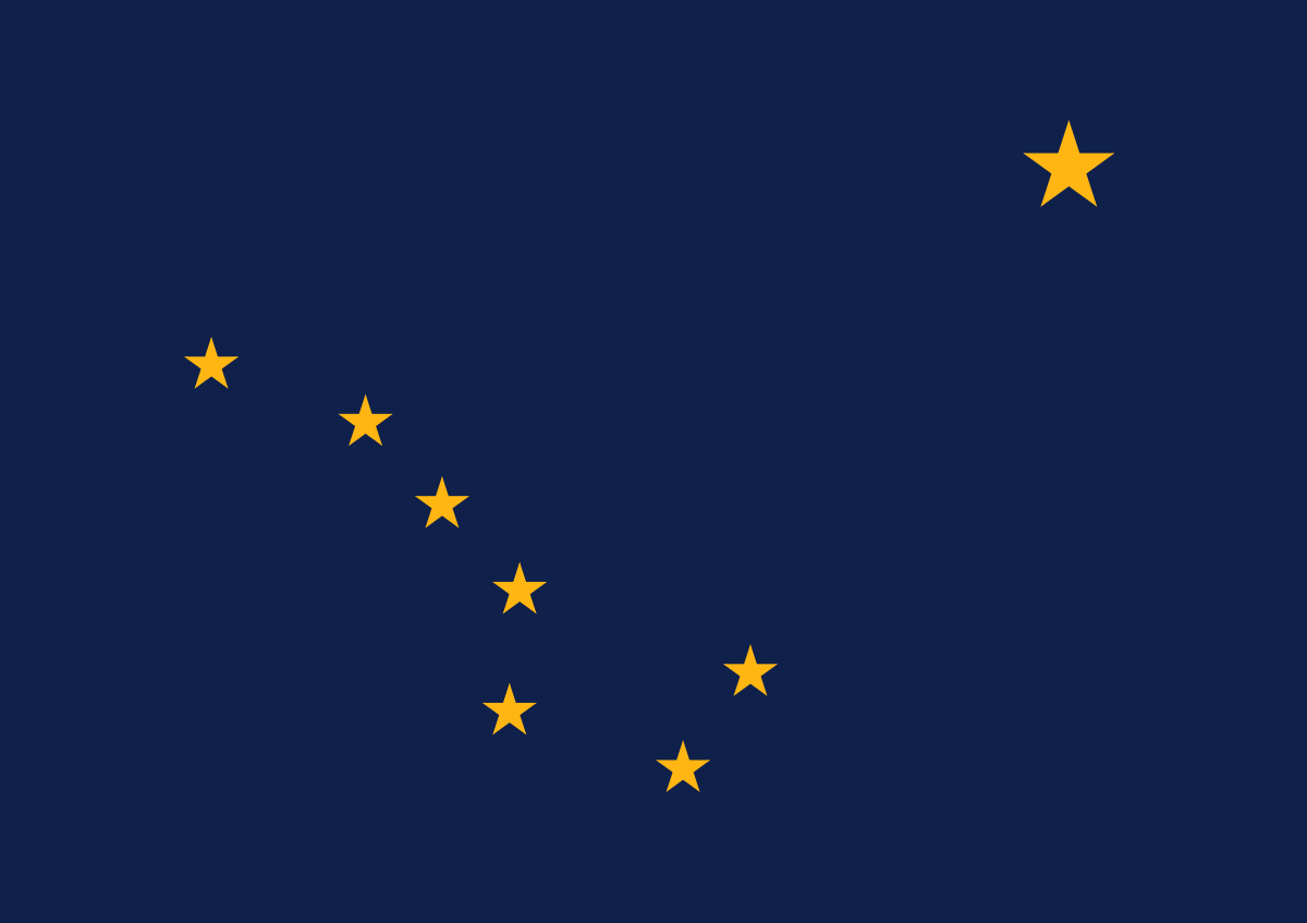 Alaska's state flag has a dark blue background and eight gold stars, which form the Big Dipper and Polaris.