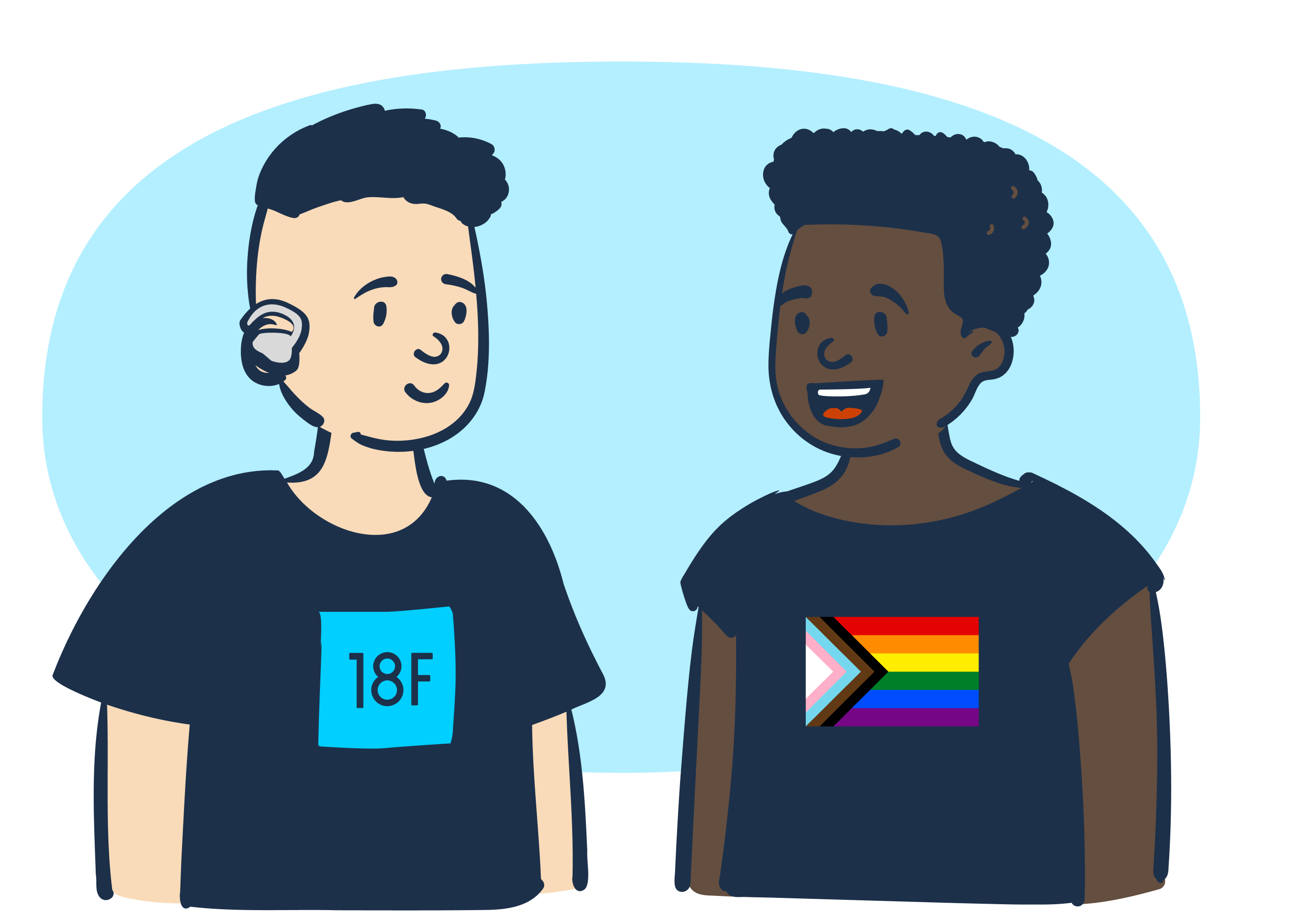 Two cartoon characters talking.  One wears a shirt with 18F, the other a shirt with a rainbow flag.