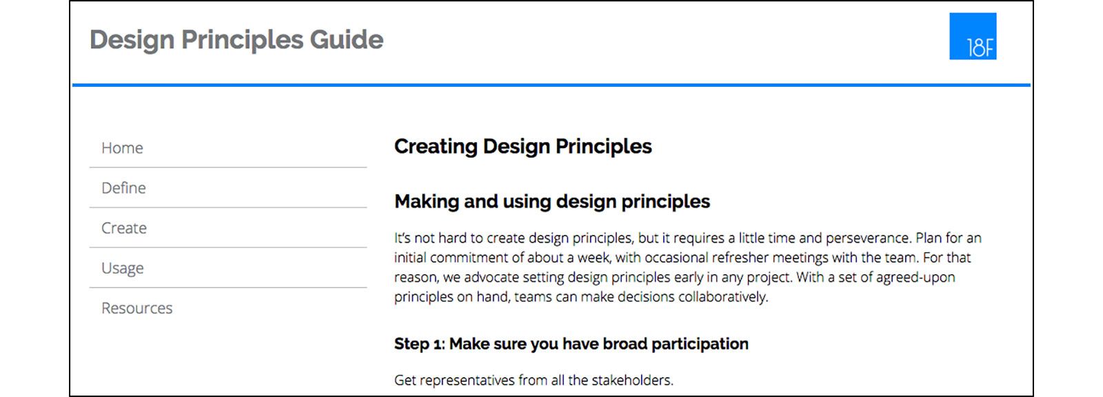 A screenshot of the 18F Design Principles Guide