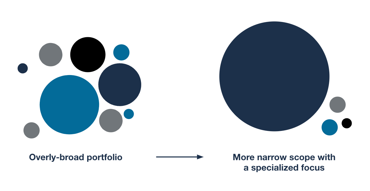 An abstract representation of an overly broad portfolio, showing several small and medium-sized circles of different colors. As a contrast, a more narrowly scoped portfolio has fewer circles and one larger circle to symbolize a specialized focus area.