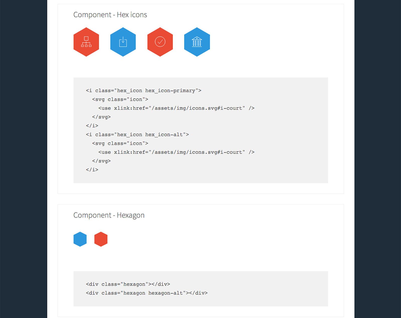 An example of components being displayed next to their code on the cloudgov-style site.